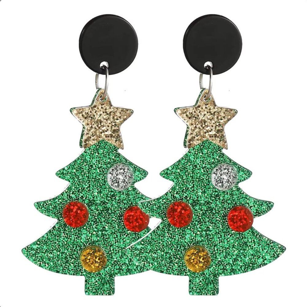 Glitter Christmas Tree Dangle Earrings NEW